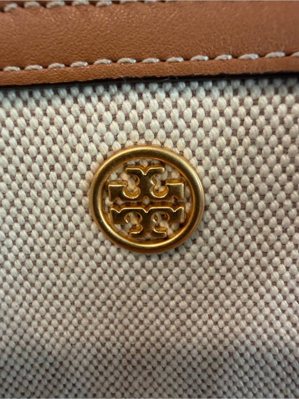 Tory Burch Neutral Canvas Tote with Tan Leather Trim and Striped Strap - Picture 6 of 16